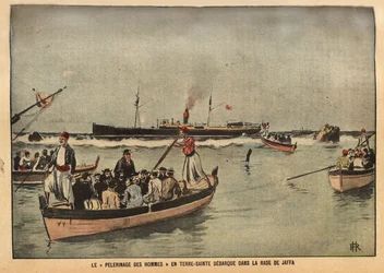 La peregrinación de los hombres en Tierra Santa de Jaffa (Israel). Grabado en "Le pelerin" 8/09/1901. Colección Selva.