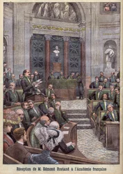 El poeta y dramaturgo Edmond Rostand siendo recibido en la Academia Francesa para "Le Petit Journal"