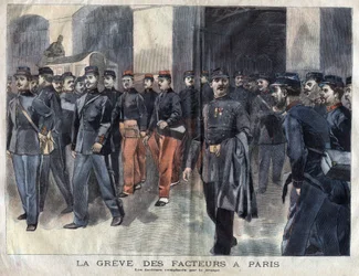 La huelga de los carteros: soldados y guardias municipales encargados de la distribución de cartas en París. Grabado de 1899 en “La petite Gironde”