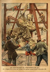 Los preparativos de la exposición de 1900, la estatua de "Pegase retenido por la brida por el Renommee", en bronce dorado, obra del escultor Emmanuel Fremiet (1824-1910), se cierne sobre la cima de uno de los cuatro pilones que adornan el puente Alejandro 