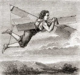 El supuesto vuelo del cerrajero francés Jacob Besnier, con la ayuda de un aparato volador diseñado por él mismo, en 1678, de "Les Merveilles de la Science", publicado hacia 1870 (litografía).