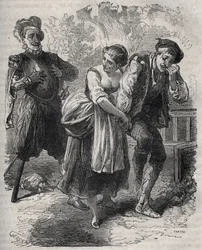 El regreso de Martin Guerre (circa 1524 alrededor de 1560): apareció ante su esposa, Bertrande de Rols, y el que había usurpado su identidad, el impostor Arnaud du Tilh (Thil). Grabado de 1871 en “Histoire Des Cocus Celebres” por Henry de Kock (1819-1892).