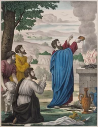 Los sacrificios rivales de Elías y los sacerdotes de Baal, ilustración de un catecismo L