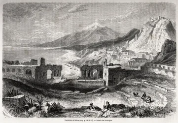 Las ruinas del antiguo teatro de Taormina (Tauromenium), al pie del Monte Tauro, con vista al pueblo moderno de Giardini y el Etna, dibujo de Adolphe Rouargue (1810-187?) y Emile Rouargue (ca1795-1865) para ilustrar el diario de Felix Bourquelot