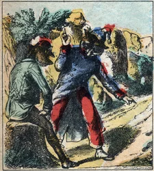 El león enfermo y el zorro. Fábulas de Jean de La Fontaine (1621-95). Imágenes de Épinal finales del siglo XIX.