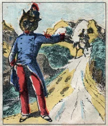 El león enfermo y el zorro. Fábulas de Jean de La Fontaine (1621-95). Imágenes de Épinal finales del siglo XIX.