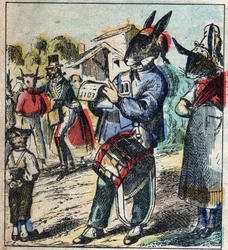 El león enfermo y el zorro. Fábulas de Jean de La Fontaine (1621-95). Imágenes de Épinal finales del siglo XIX.