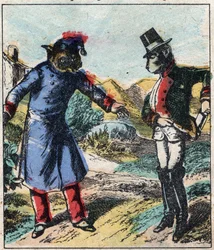 El león enfermo y el zorro. Fábulas de Jean de La Fontaine (1621-95). Imagen de Epinal de finales del siglo XIX.