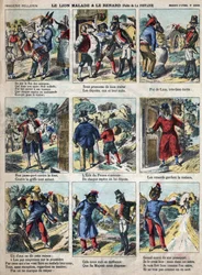El león enfermo y el zorro. Fábulas de Jean de La Fontaine (1621-1695). Imagen de Epinal finales del siglo XIX.