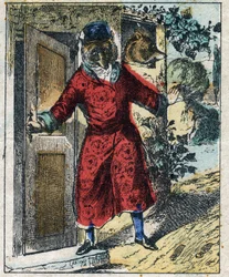 El león enfermo y el zorro. Fábulas de Jean de La Fontaine (1621-1695). Imagen de Epinal finales del siglo XIX.