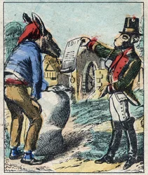 El león enfermo y el zorro. Fábulas de Jean de La Fontaine (1621-1695). Imagen de Epinal finales del siglo XIX.