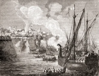El sitio de Constantinopla en 1453 por el sultán otomano Mehmed II, de Les Merveilles de la Science, publicado hacia 1870 (grabado).