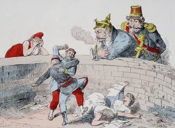 La situación - Gauillaume: Debemos ayudar a los locos, Badingue (Napoleón III): Déjalos hacer mi hermano, será tiempo de intervenir cuando (los parisinos) se hayan devorado entre ellos. Caricatura sobre la Comuna.