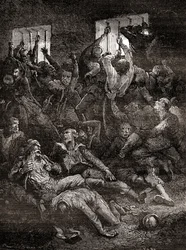 El sufrimiento y la muerte, debido a la mala ventilación, de prisioneros ingleses en el Agujero Negro de Calcuta, una pequeña mazmorra del antiguo Fort William de Calcuta, India, donde las tropas del nawab de Bengala, Siraj ud-Daulah, mantuvieron