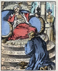 El sultán se asombra con los diamantes que Aladino le ofrece para pedir la mano de su hija.