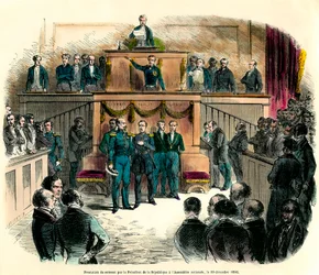 Juramento de Luis Napoleón III (Louis-Napoleón), proclamado oficialmente presidente de la República, en la Asamblea Nacional el 20 de diciembre de 1848. Jura "permanecer fiel a la única e indivisible República Democrática y cumplir todos los
