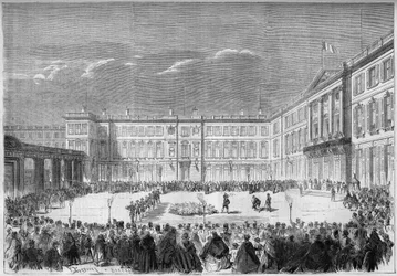 La curée a la luz de antorchas en el patio del palacio de Compiègne, Oise (60)