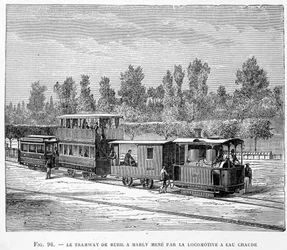 El tranvía de Rueil a Marly, dirigido por la locomotora de agua caliente - en "Las nuevas conquistas de la ciencia" de Louis Figuier