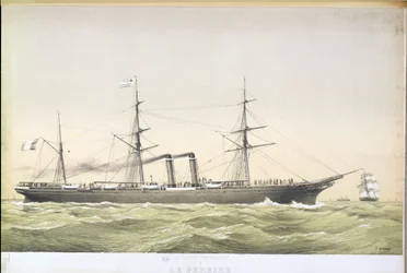 El transatlántico de paletas Le Pereire cruzando de Le Havre a Nueva York, c.1860