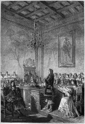 El juicio de Lord William Russell (1639-1683) - grabado de "L