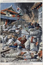 Los problemas de Corea, la guardia japonesa luchando con los emeutiers en Seúl, descontentos por la abdicación de Yi-Yeung - "Le Petit Journal" del 4 de agosto