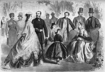 La temporada de aguas en Kissengen, Alemania, en 1864. Presentes, de izquierda a derecha: Isabel de Wittelsbach (Sissi) (1837-1898) Emperatriz de Austria, Alejandro II (1818-1881) Emperador de Rusia, Luis II (1845-1886) Rey de Baviera, María Alexandrovna (