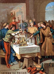 El deseo del faisán (1454): durante la fiesta organizada por Felipe III el Bueno, duque de Borgoña, los invitados juran sobre un faisán adornado con un collar de perlas exterminar al turco. Cromolitografía de la serie "Educación patriótica a través de la i