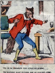 El lobo y la cigüeña. Fábulas de Jean de La Fontaine (1621-95). Imagen de Épinal de finales del siglo XIX.