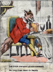 El lobo y la cigüeña. Fábulas de Jean de La Fontaine (1621-95). Imágenes de Épinal finales del siglo XIX.