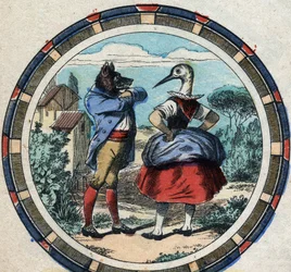 El lobo y la cigüeña. Fábulas de Jean de La Fontaine (1621-95). Imagen de Epinal de finales del siglo XIX.