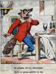 El lobo y la cigüeña. Fábulas de Jean de La Fontaine (1621-1695). Imagen de Epinal finales del siglo XIX.