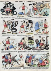 Los trabajos de Hércules (Heracles). En la mitología romana y griega, Hércules es un héroe: aún niño estrangula dos serpientes con las manos desnudas en su cama y pone su fuerza al servicio de los desafortunados, abate al león de Nemea con su garrote, mata
