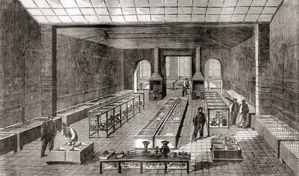 El taller que contiene los baños químicos en la planta de galvanoplastia de Charles Christofle, París, Francia en 1867, de Les Merveilles de la Science, publicado c.1870 (grabado)
