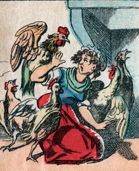 El mundo al revés, una tierra imaginaria: pavos y gallinas desplumando al cocinero - imagen de Epinal