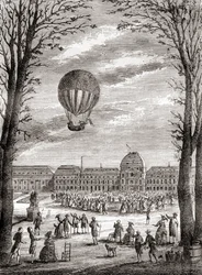 El primer vuelo tripulado en globo de hidrógeno sobre los Campos de Marte, París, Francia, el 1 de diciembre de 1783, pilotado por Nicolas-Louis Robert y el profesor Jacques Charles, de Les Merveilles de la Science, publicado hacia 1870 (grabado).