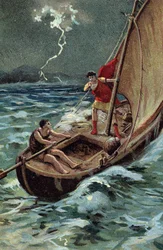 El joven Julio César (100-44 a.C.) cruzando el mar Adriático para unirse a Dalmacia avanza valientemente a pesar del tempete, confiado en su buena estrella y en su destino (Young Julius Caesar (100-44 BC) bravely crosses the adriatic sea on his ship, in sp