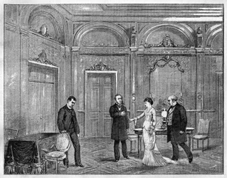Representación teatral: “Jean Beaudry” de Auguste Vacquerie (1819-1895). 4to acto. París, Teatro Francés (Comedie Francaise). Grabado de 1880 en “La republique illustree” colección privada.