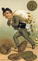 Ladrón escapando con un saco de francos franceses y billetes, de una serie de tarjetas promocionales sobre monedas en diferentes países, publicada en París por Baster & Vieillemard para el productor de chocolate