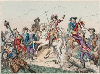 Guerra de los Treinta Años (1618-1648): el príncipe Luis II de Borbón Condé (Bourbon-Conde), conocido como el Gran Condé (1621-1686), duque de Enghien, saludando el cadáver del Conde de Fontaine en la Batalla de Rocroi (Rocroy) contra los españoles, 19 de 