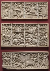 Tres paneles de un cofre con escenas de romances cortesanos, c.1330-1350