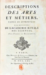 Página de título de "Descriptions of Arts and Metiers made or approved by gentlemen of the Royal Academy of Sciences". 1761