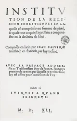 Página de título de Institutos de la Religión Cristiana de Juan Calvino, Primera Edición en francés, 1541