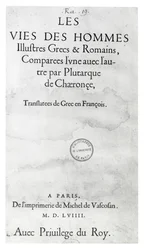 Página de título de Las vidas de los nobles griegos y romanos, de Plutarco, impreso por Michel de Vascosan