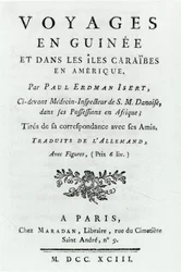 Página de título de Viajes en Guinea y en las Islas Caribe en América por Paul Erdman Isert, publicado en 1743