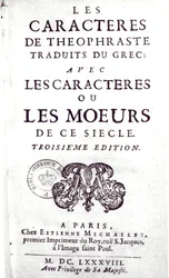 Portada de Les Caracteres de Theophraste traduits du grec, avec Les Caracteres ou les moeurs de ce siecle por La Bruyere (1645-96) 1688