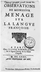 Portada de Observations sur la langue francaise por Gilles Menage (1613-92) edición de 1672, chez Claude Barbin, au Palais, sur le second perron de la Sainte Chapelle, París