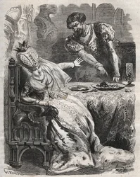 Para vengarse de la infidelidad de su esposa, Gabrielle de Vergy, Eudes de Fayel le hace comer sin su conocimiento el corazón de su amante, Raoul de Coucy. Escena de una leyenda del siglo XII según la cual Raoul I de Coucy (después de 1142-1191) pidió que