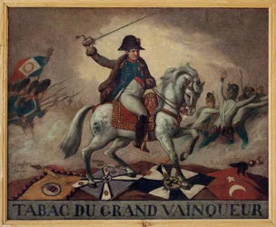 Al tabaco del gran ganador. (retrato ecuestre de Napoleón Bonaparte (1769-1821), liderando sus tropas a la batalla. En el reverso del lienzo un cuarteto: “El éxito de sus negocios,/Sus victorias en cien combates,/No tienen otros secretos/Una toma de