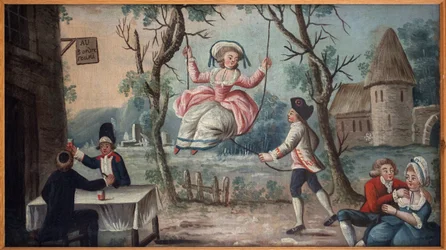 A los tres estamentos reunidos. El clero, la nobleza y el Tercer Estado reunidos en una taberna. Una joven se columpia. Letrero pintado de un comerciante de escarapelas, probablemente procedente del Palais Royal, pintura anónima, período revolucionario
