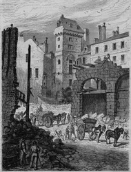 Torre Jean Sans Peur, último vestigio del Hôtel de Bourgogne, durante la perforación de la rue Etienne Marcel, París. Grabado